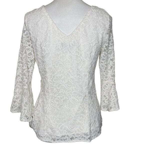 Scarlett Ivory Gold Lace Bell Sleeve Ruched Embellished Bead Accent Blouse Top M - Picture 3 of 9
